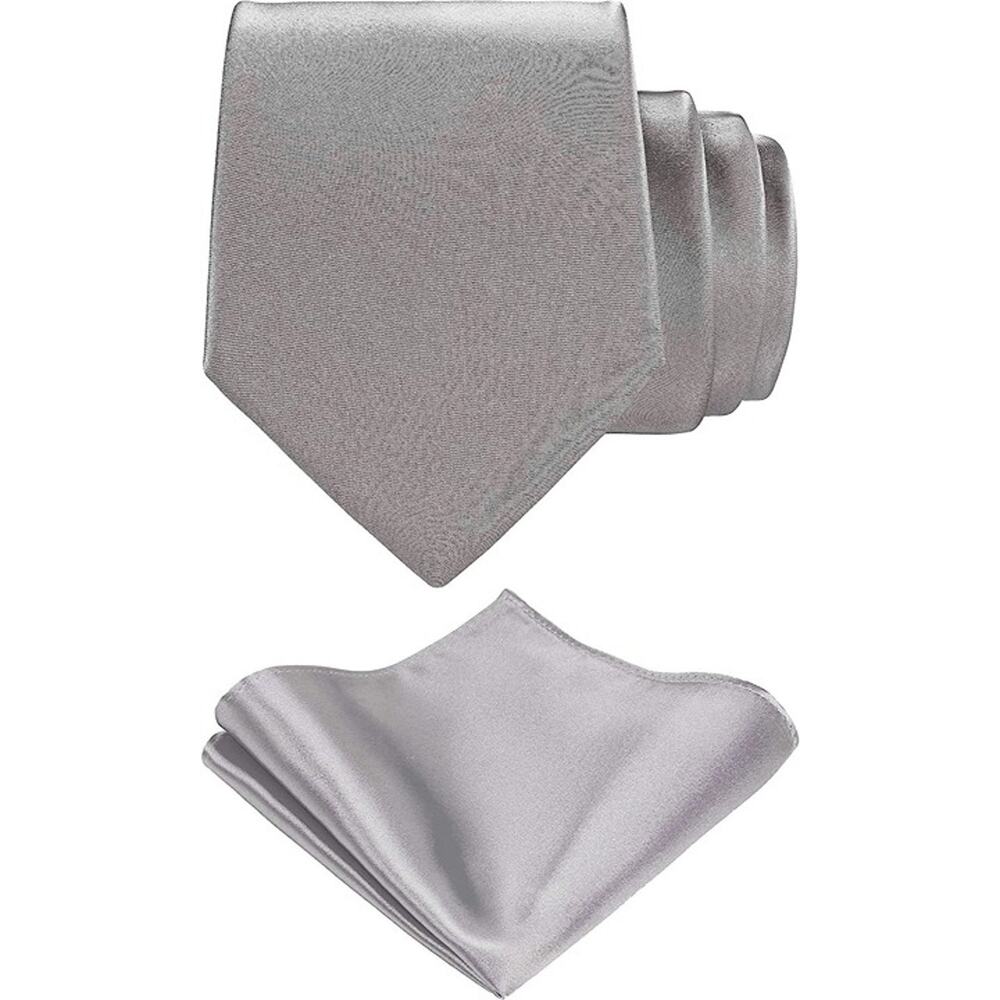 Silver Satin Formal Necktie & Pocket Square Set 57" Long
